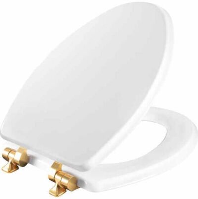 Bemis Mayfair Benton® Elongated Enameled Wood Toilet Seat in White with Stay·Tite® Seat Fastening System® and Whisper Close® Brushed Gold Hinge