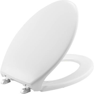 Bemis Bemis Elongated Commercial Plastic Toilet Seat in White with Self-Sustaining Stainless Steel Hinge
