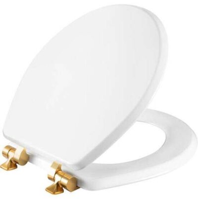Bemis Mayfair Benton® Round Enameled Wood Toilet Seat in White with Stay·Tite® Seat Fastening System® and Whisper Close® Brushed Gold Hinge