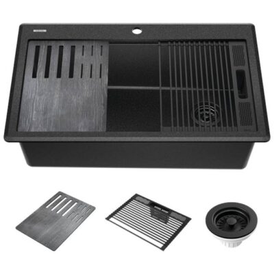 Delta Faucet Everest™ 33'' Granite Composite Workstation Kitchen Sink Drop-In Top Mount Single Bowl with WorkFlow™ Ledge and Accessories in Metallic Black