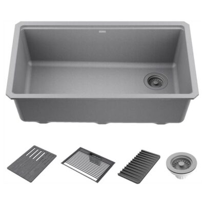 Delta Faucet Everest™ 32'' Granite Composite Workstation Kitchen Sink Undermount Single Bowl with WorkFlow™ Ledge and Accessories in Dark Grey