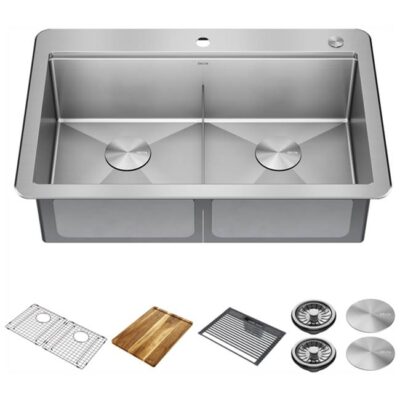Delta Faucet Lorelai™ 33'' Workstation Kitchen Sink Drop-In Top Mount 16 Gauge Stainless Steel Double Bowl with WorkFlow™ Ledge and Accessories