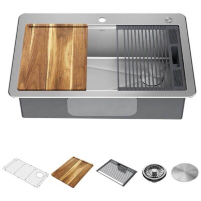 Delta Faucet Lorelai™ 33'' Workstation Kitchen Sink Drop-In Top Mount 16 Gauge Stainless Steel Single Bowl with WorkFlow™ Ledge and Accessories