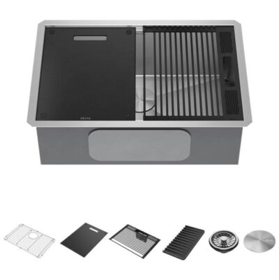 Delta Faucet Rivet™ 27'' Workstation Kitchen Sink Undermount 16 Gauge Stainless Steel Single Bowl with WorkFlow™ Ledge and Accessories