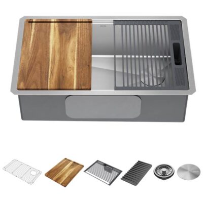 Delta Faucet Lorelai™ 30'' Workstation Kitchen Sink Undermount 16 Gauge Stainless Steel Single Bowl with WorkFlow™ Ledge and Accessories