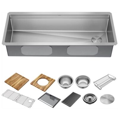Delta Faucet Lorelai™ 45'' Workstation Kitchen Sink Undermount 16 Gauge Stainless Steel Single Bowl with 2-Tier WorkFlow™ Ledge and Accessories