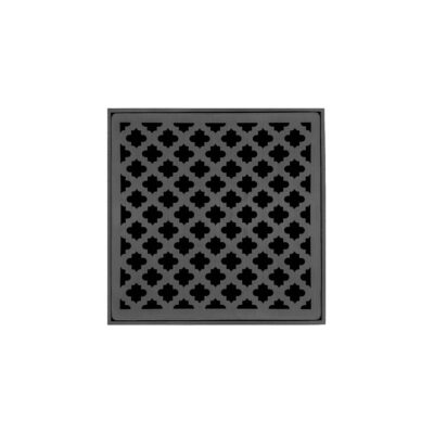Infinity Drain 5'' x 5'' MD 5 High Flow Complete Kit with Moor Pattern Decorative Plate in Gunmetal with Cast Iron Drain Body, 3'' No-Hub Outlet