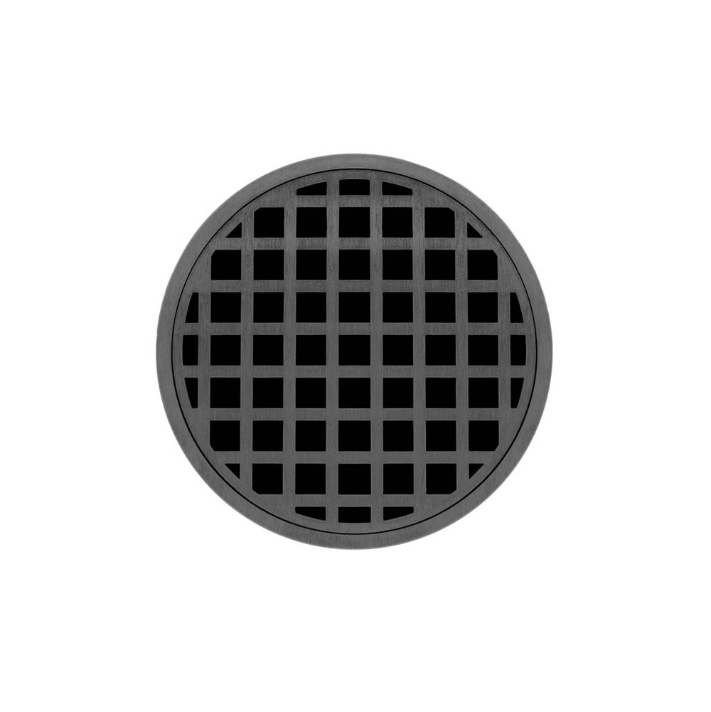 Infinity Drain 5'' Round RQD 5 Complete Kit with Squares Pattern Decorative Plate in Gunmetal with ABS Drain Body, 2'' Outlet