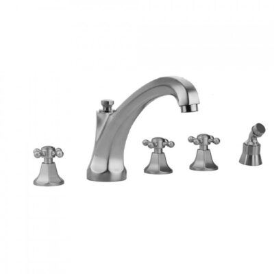 Jaclo Astor Roman Tub Set with High Spout and Ball Cross Handles and Angled Handshower Mount
