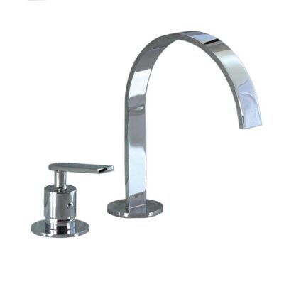 Lacava Deck-mount two-hole faucet with an arch spout, lever handle, drain not included. Water flow rate: 3.7 gpm at 60 psi.