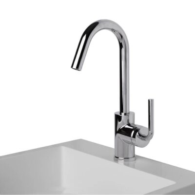 Lacava Deck-mount single-hole faucet with a goose-neck swiveling spout, one curved lever handle, and a pop-up drain.