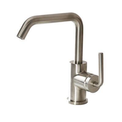 Lacava Deck-mount single-hole faucet with a squared-gooseneck swiveling spout, one curved lever handle, and a pop-up drain.