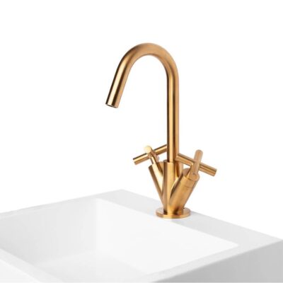 Lacava Deck-mount single-hole faucet with a goose-neck swiveling spout, two cross handles, and a pop-up drain.