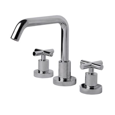 Lacava Deck-mount three-hole faucet with a squared-gooseneck swiveling spout, two cross handles, and a pop-up drain.