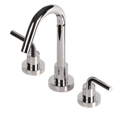 Lacava Deck-mount three-hole faucet with a gooseneck swiveling spout, two curved lever handles, and a pop-up drain.