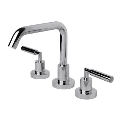 Lacava Deck-mount three-hole faucet with a square-neck swiveling spout, two lever handles, and a pop-up drain.