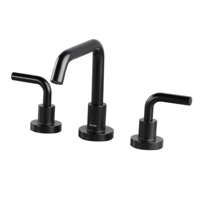 Lacava Deck-mount three-hole faucet with a squared-gooseneck swiveling spout, two curved lever handles, and a pop-up drain.