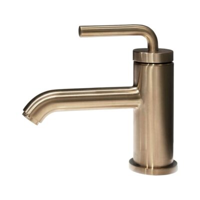 Lacava Deck-mount single-hole faucet with a pop-up and curved lever handle. Water flow rate: 1.2 gpm pressure compensating aerator,