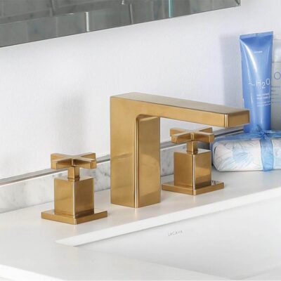 Lacava Deck mount three hole facuet with a square neck spout, two handles, and a pop up, drain included with cross handle SPOUT: 6'', H: 5 1/8''