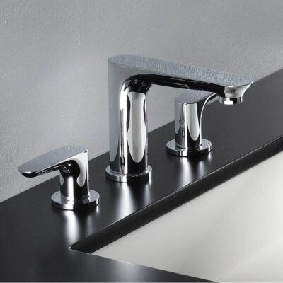 Lacava Deck-mount three-hole faucet with two lever handles. Water flow rate: 1.2GPM pressure compensating aerator. H: 5'', SPOUT: 5 1/8''.