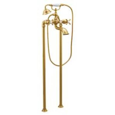 Moen Brushed gold two-handle tub filler includes hand shower