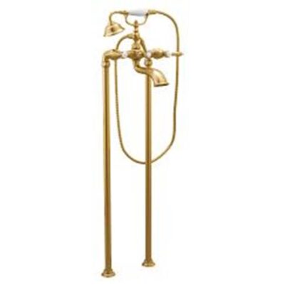 Moen Brushed gold two-handle tub filler includes hand shower
