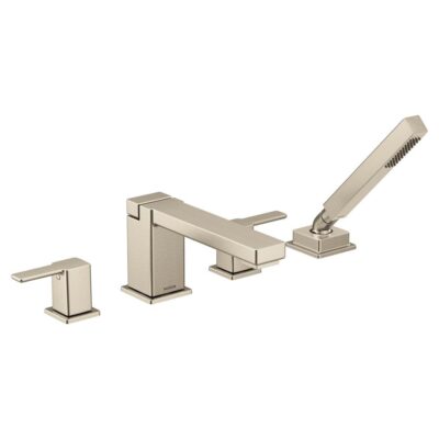 Moen 90 Degree Two-Handle Deck Mount Roman Tub Faucet Trim Kit, Valve Required, Including Single Function Handshower, Brushed Nickel