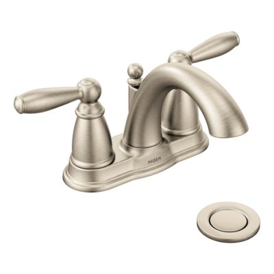 Moen Brantford Two-Handle Low-Arc Centerset Bathroom Faucet with Drain Assembly, Brushed Nickel