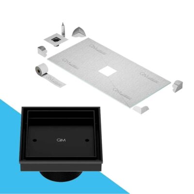 QM Drain Curbless Center Shower Pan Kit 32'' x 63'' with 4'' Mist (Tile-In) Square Drain in Black
