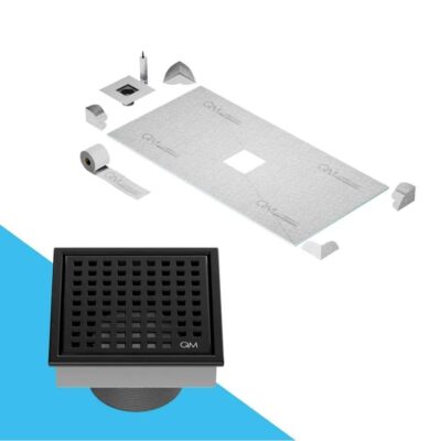 QM Drain Curbless Center Shower Pan Kit 32'' x 63'' with 4'' Mira Square Drain in Black