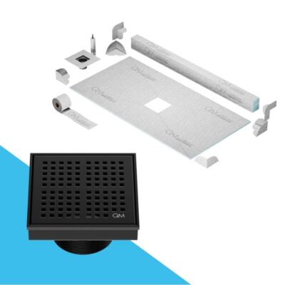 QM Drain Center Shower Pan Kit 32'' x 63'' with 4'' Kai Square Drain in Black