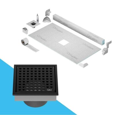 QM Drain Center Shower Pan Kit 32'' x 63'' with 4'' Mira Square Drain in Black