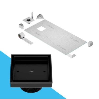 QM Drain Curbless Off-Center Shower Pan Kit 32'' x 63'' with 4'' Mist (Tile-In) Square Drain in Black