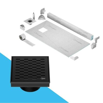 QM Drain Off-Center Shower Pan Kit 32'' x 63'' with 4'' Delta Square Drain in Black