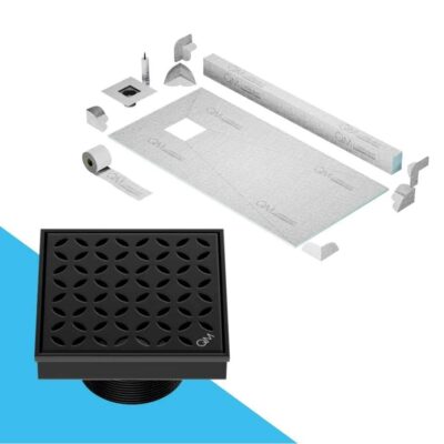 QM Drain Off-Center Shower Pan Kit 32'' x 63'' with 4'' Lotus Square Drain in Black