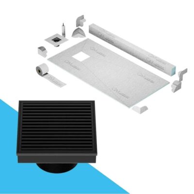 QM Drain Off-Center Shower Pan Kit 32'' x 63'' with 4'' Wedgewire Square Drain in Black