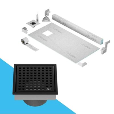 QM Drain Off-Center Shower Pan Kit 32'' x 63'' with 4'' Mira Square Drain in Black