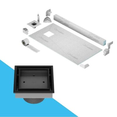 QM Drain Off-Center Shower Pan Kit 32'' x 63'' with 4''Veil (Tile-In) Square Drain in Black