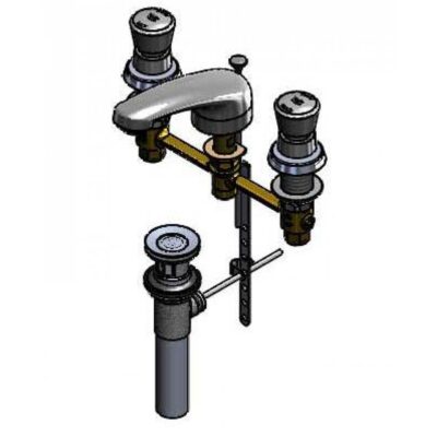 T&S Brass Lavatory Faucet, Push Button Self Closing Cartridges, 8'' Center, Cast Spout, Pop-Up