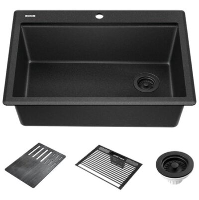 Delta Faucet Everest™ 30'' Granite Composite Workstation Kitchen Sink Drop-In Top Mount Single Bowl with WorkFlow™ Ledge and Accessories in Black