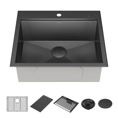 Delta Faucet Rivet™ 25'' Workstation Kitchen Sink Drop-In Top Mount 16 Gauge Stainless Steel Single Bowl in PVD Gunmetal Finish with WorkFlow™ Ledge and Accessories