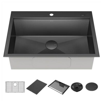 Delta Faucet Rivet™ 30'' Workstation Kitchen Sink Drop-In Top Mount 16 Gauge Stainless Steel Single Bowl in PVD Gunmetal Finish with WorkFlow™ Ledge and Accessories
