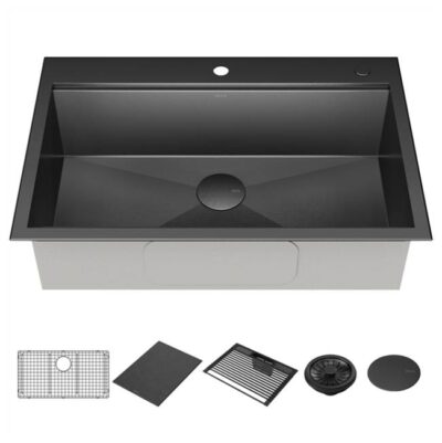 Delta Faucet Rivet™ 33'' Workstation Kitchen Sink Drop-In Top Mount 16 Gauge Stainless Steel Single Bowl in PVD Gunmetal Finish with WorkFlow™ Ledge and Accessories