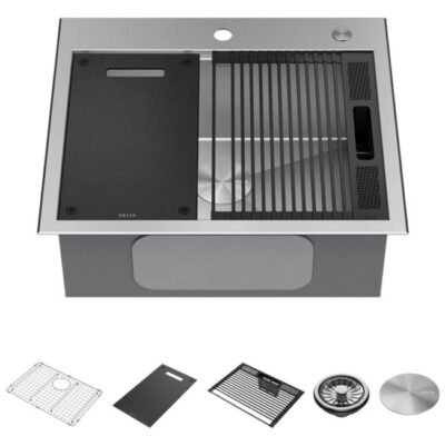 Delta Faucet Rivet™ 25'' Workstation Kitchen Sink Drop-In Top Mount 16 Gauge Stainless Steel Single Bowl with WorkFlow™ Ledge and Accessories