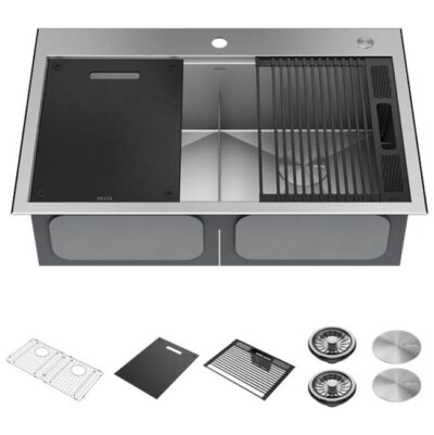 Delta Faucet Rivet™ 33'' Workstation Kitchen Sink Drop-In Top Mount 16 Gauge Stainless Steel 50/50 Double Bowl with WorkFlow™ Ledge and Accessories
