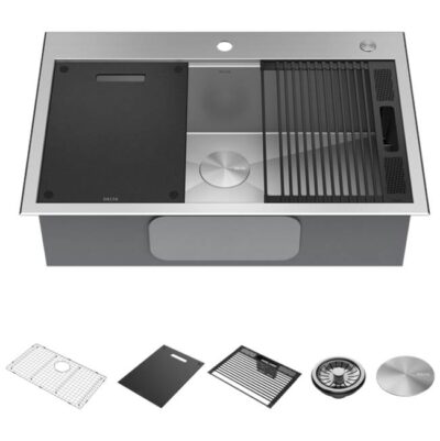 Delta Faucet Rivet™ 33'' Workstation Kitchen Sink Drop-In Top Mount 16 Gauge Stainless Steel Single Bowl with WorkFlow™ Ledge and Accessories