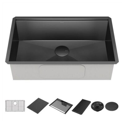 Delta Faucet Rivet™ 30'' Workstation Kitchen Sink Undermount 16 Gauge Stainless Steel Single Bowl in PVD Gunmetal Finish with WorkFlow™ Ledge and Accessories