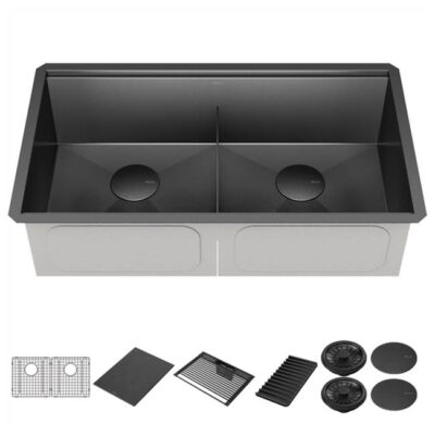 Delta Faucet Rivet™ 33'' Workstation Kitchen Sink Undermount 16 Gauge Stainless Steel Double Bowl in PVD Gunmetal Finish with WorkFlow™ Ledge and Accessories