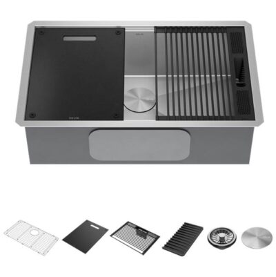 Delta Faucet Rivet™ 30'' Workstation Kitchen Sink Undermount 16 Gauge Stainless Steel Single Bowl with WorkFlow™ Ledge and Accessories