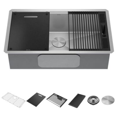 Delta Faucet Rivet™ 32'' Workstation Kitchen Sink Undermount 16 Gauge Stainless Steel Single Bowl with WorkFlow™ Ledge and Accessories